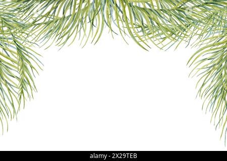 Kartendesign mit Palmenzweigen. Tropisch grüne Blätter Rahmen für Ihren Text. Handgezeichnetes Aquarell isoliert auf weißem Hintergrund. Kopierbereich Stockfoto