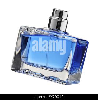 Blaues Männerparfüm in Flasche isoliert auf weiß Stockfoto
