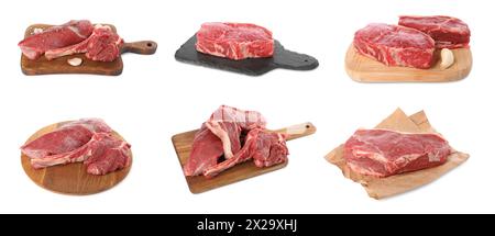 Rohe Rindersteaks isoliert auf weiß, Set Stockfoto