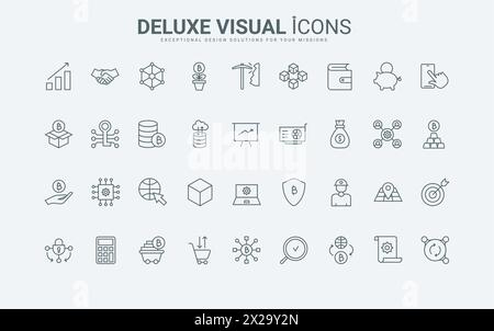 Skizzieren Sie Symbole für Kryptowährungsinfrastruktur und Kryptographie, Brieftasche für virtuelles Geld und Market to Tausch und Handel mit Bitcoin. Dünne schwarze und rote Linien für Blockchain setzen die Vektorillustration. Stock Vektor