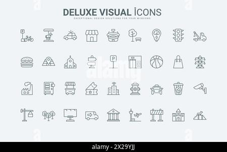 Öffentliches Sportstadion und Flughafen, Fahrrad und Parkplatz, Polizei und Sicherheitsdienst für modernes Leben dünne schwarze und rote Symbole Vektorillustration. Städtische Infrastruktur, Symbole für Gebäudelinien. Stock Vektor