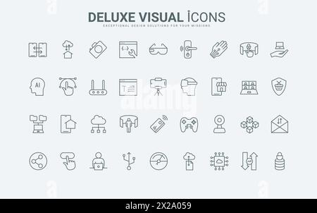 Metaverse Experience und Virtual Reality Simulation dünne schwarze und rote Umrisssymbole, Vektorillustration. KI-Zukunftstechnologie für Unternehmen und Unterhaltung, Social Media und Spiele-Line-Symbole Stock Vektor