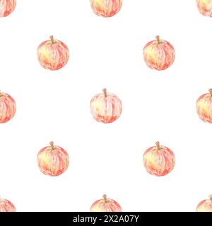 Nahtloses Muster mit Apfelkreisen und roten und grünen Blättern. Lebensmittelillustration handgemalt im botanischen Stil auf weißem Hintergrund für Textil Stockfoto