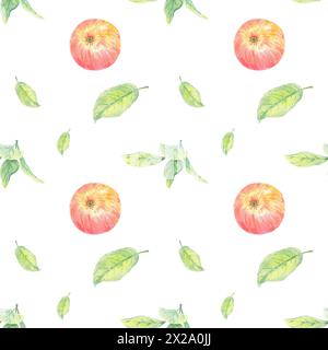 Nahtloses Muster mit Apfelkreisen und roten und grünen Blättern. Lebensmittelillustration handgemalt im botanischen Stil auf weißem Hintergrund für Textil Stockfoto