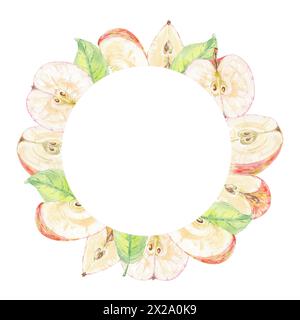 Apfelrot geschnitten und Blätter grün Aquarellrahmen Postkarte isolierte Illustration auf weißem Hintergrund. Herbstfrucht für Logo, Menü, Karte. Kunstdesign Stockfoto