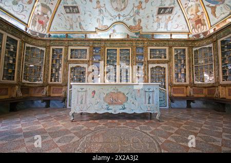 Die antike Apotheke (18. Jahrhundert) des Trisulti Charterhauses mit Freskengewölbe von Giacomo Manco im pompeanischen Stil, Collepardo, Latium, Italien Stockfoto