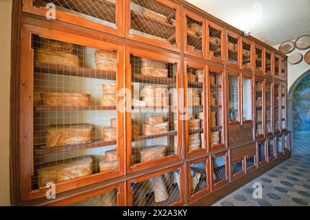 Vitrine mit Holzkisten für Heilkräuter in der alten Apotheke (18. Jahrhundert) des Trisulti Charterhauses, Collepardo, Latium, Italien Stockfoto