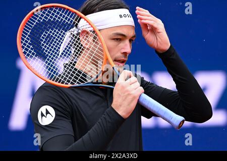 München, Deutschland. April 2024. Tennis: ATP Tour - München, Singles, Herren, Finale. Fritz (USA) - Struff (Deutschland). Taylor Fritz in Aktion. Quelle: Sven Hoppe/dpa/Alamy Live News Stockfoto