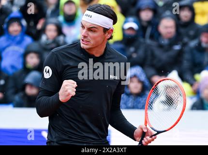 München, Deutschland. April 2024. Tennis: ATP Tour - München, Singles, Herren, Finale. Fritz (USA) - Struff (Deutschland). Taylor Fritz in Aktion. Quelle: Sven Hoppe/dpa/Alamy Live News Stockfoto