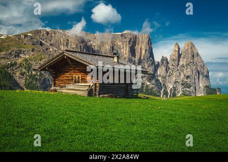 Niedliches hölzernes Blockhaus auf den blumengrünen Wiesen mit spektakulären hohen Klippen im Hintergrund, Dolomiten, Italien, Europa Stockfoto