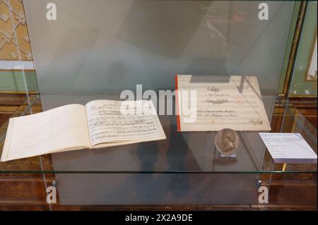 Göttweig, Niederösterreich, Österreich. Museum im Kaiserflügel des Klosters Göttweig. Sammlung von Notenblättern von Felix Mendelssohn Bartholdy und Franz Schubert Stockfoto