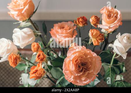 Ephemere Eleganz : Eine heitere Sammlung von pfirsichfarbenen und weißen Rosen, die eine weiche, vergängliche Schönheit ausstrahlt und sowohl die flüchtige Natur des Lebens andeutet Stockfoto