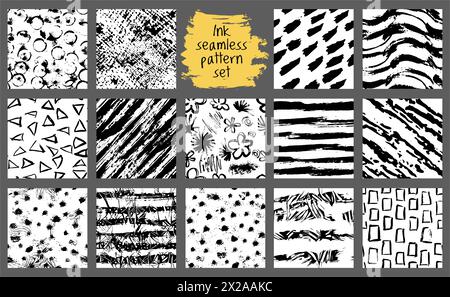 Set aus handgezeichnetem nahtlosem Muster. Vektorsammlung abstrakter Texturen mit schwarzer Tinte. Stock Vektor