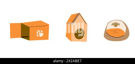 Ein Bett für ein Haustier, Hund, Haus, Haustierträger, kleine Hundehütte. Vektorabbildung. Objekte isoliert auf weißem Hintergrund, Zeichentrickstil Stock Vektor