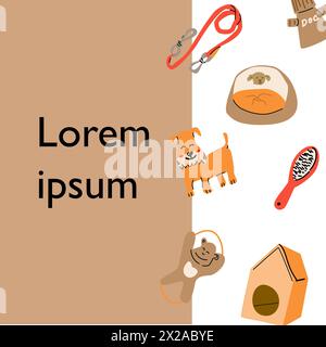 Zeichentrickhunde und Ausrüstung Hintergrund. Niedliche Doodle Pudel, Terrier und Bulldog Haustiere mit Zubehör, Spielzeug, Bett, Schüssel, Futter und Leine, Handtuch. Vektor Stock Vektor