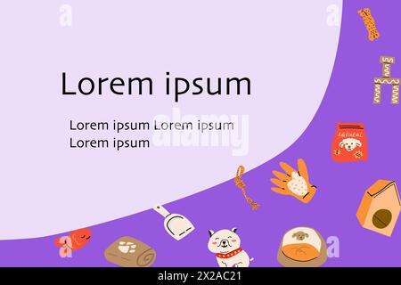 Zeichentrickhunde und Ausrüstung Hintergrund. Niedliche Doodle Pudel, Terrier und Bulldog Haustiere mit Zubehör, Spielzeug, Bett, Schüssel, Futter und Leine, Handtuch. Vektor Stock Vektor