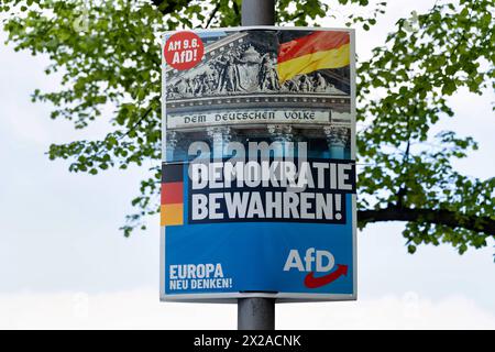 2024-04-21,Berlin,Europawahl,vom 6. bis 9. Juni 2024 wählen Sie die Bürgerinnen und Bürger der Europäischen Union EU zum zehnten Mal das Europäische Parlament. In Deutschland wird am Sonntag, 9. Juni 2024 gewählt.ein Plakat der Partei AfD *** 2024 04 21,Berlin,Europawahlen,vom 6. Bis 9. Juni 2024 wählen die Bürger der Europäischen Union zum zehnten Mal das Europäische Parlament in Deutschland, Wahlen finden am Sonntag, 9. Juni 2024, statt Ein Poster der AfD-Partei Stockfoto