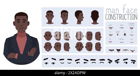 Geschäftsmann-Avatar-Erstellung geeignet für Animation. Generator, Konstrukteur verschiedener Ansichten von Augen, Lippen, Emotionsausdrücken Mundanimation und li Stock Vektor
