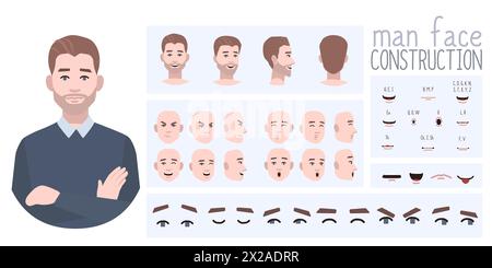 Geschäftsmann-Avatar-Erstellung geeignet für Animation. Generator, Konstrukteur verschiedener Ansichten von Augen, Lippen, Emotionsausdrücken Mundanimation und li Stock Vektor