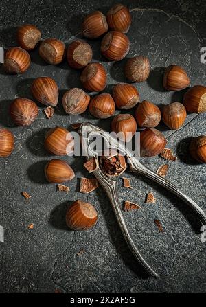 Haselnüsse in Schalen auf Schiefer mit Nussknacker Stockfoto