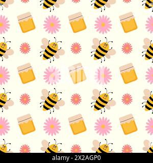 Vektor nettes Cartoon nahtloses Muster mit Biene, Honigglas und Blumen. Lustiger Bienenhintergrund. Illustration der Vektorabwicklung. Stock Vektor