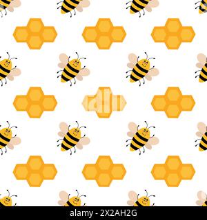 Vektor niedliche Zeichentrickbiene und Wabenmuster nahtlos. Lustige Hummel Hintergrund. Illustration der Vektorabwicklung. Stock Vektor