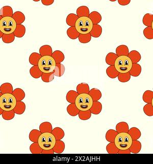 Nahtloses Retro-Muster 70er 60er 80er Jahre Hippie Groovy niedliche rote Blume. Lächelndes Gesicht. Blumenkraft. Illustration der Vektorabwicklung. Stock Vektor