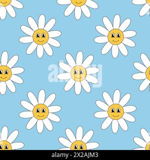 Retro 70er 60er 80er Jahre Hippie Groovy Cute Daisy Flowers nahtloses Muster. Lächelndes Gesicht. Kamillenblume, Power-Element. Illustration der Vektorabwicklung Stock Vektor