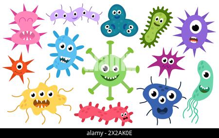 Niedliche Zeichentrickfiguren Virus, Bakterien, Mikroben, Keime Set. Mikrobiologieorganismus verschiedener Arten von Farben und Formen. Maskottchen zum Abpumpen Stock Vektor