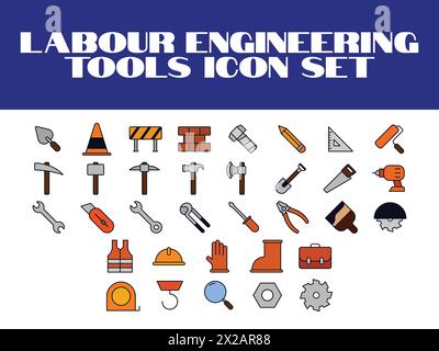 Farbige Symbolgruppe für Arbeitstag. Symbol Arbeitswerkzeuge Vektorgrafik. Zeilensymbole Satz von Konstruktionswerkzeugen Stock Vektor