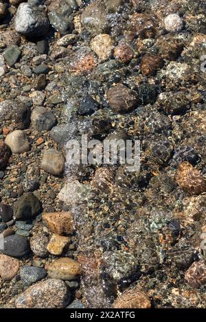 Viele Steine und Kieselsteine, die mit Sand bedeckt sind, auf einem unbefestigten Boden Stockfoto