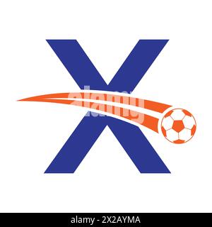 Fußballlogo auf Buchstabe X mit beweglichem Fußballsymbol. Fußballschild Stock Vektor