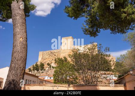 Schloss Almansa, nationales historisches und künstlerisches Denkmal, 14. Jahrhundert auf den Überresten von Almohad, Almansa, Provinz Albacete, Castilla-La Mancha, Spanien Stockfoto