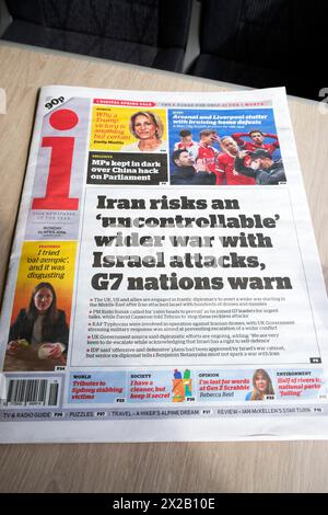 "Der Iran riskiert einen "unkontrollierbaren" größeren Krieg mit israelischen Angriffen, warnen die G7-Nationen" i-Zeitung Schlagzeilen-artikel zum Nahen Osten 15. April 2024 Vereinigtes Königreich Stockfoto