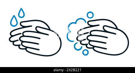 Handwaschlinien-Symbole, handgezeichnetes Doodle-Set. Zwei Hände mit Tropfen Wasser und Seifenschaum. Einfache Clip-Art-Illustration, Vektorzeichnung. Stock Vektor