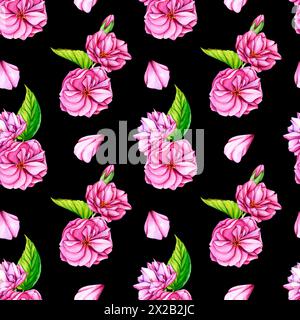Sakura-Blumen. Rosafarbene Kirschblüten. Nahtloses Muster mit japanischen Blumen im Frühling. Botanische Aquarellillustration mit Knospen, Blütenblättern und Stockfoto