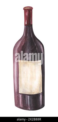 Handgezeichnete Aquarellillustration der Weinflasche und eines Glases Rotwein. Zeichnung isoliert auf weißem Hintergrund Stockfoto