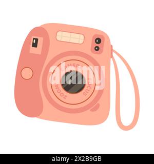 Pink Instant Kameragerät. Fotografie Kamera handgezeichnet trendige flache Art auf weißem Hintergrund. Symbol für Websites oder mobile Anwendungen. Blitz und Objektiv sichtbar. Vektorabbildung Stock Vektor