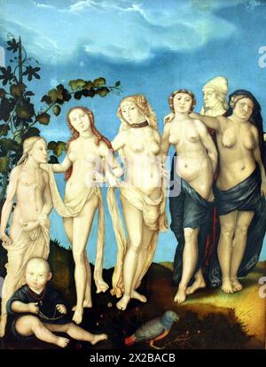 Das Sieben Zeitalter der Frau ist ein Gemälde (1544) des deutschen Malers Hans Baldung, genannt Grien, in Ölfarbe auf Lindenholz ausgeführt. Stockfoto