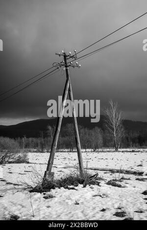 Alte hölzerne Elektrizitäts- oder Telekommunikationsmasten in den Bieszczady Bergen. Polen, Europa Stockfoto