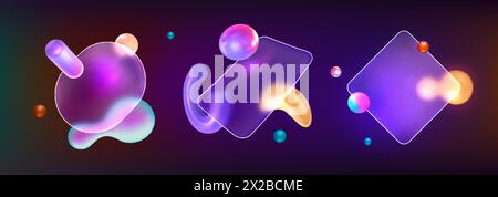 Transparente mattierte Rahmen mit abstrakten geometrischen Formen in 3D-Neon im Glasmorphismus-Stil. Glasmorphismus-Plexiglasplatten mit Unschärfeeffekt. Realistische schwimmende flüssige Formen unter matten Designelementen Stock Vektor
