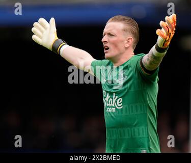 Jordan Pickford of Everton Gesten während des Premier League Spiels Everton gegen Nottingham Forest im Goodison Park, Liverpool, Großbritannien, 21. April 2024 (Foto: Steve Flynn/News Images) Stockfoto