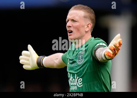 Liverpool, Großbritannien. April 2024. Jordan Pickford of Everton Gesten während des Premier League-Spiels Everton gegen Nottingham Forest im Goodison Park, Liverpool, Vereinigtes Königreich, 21. April 2024 (Foto: Steve Flynn/News Images) in Liverpool, Vereinigtes Königreich am 21. April 2024. (Foto: Steve Flynn/News Images/SIPA USA) Credit: SIPA USA/Alamy Live News Stockfoto