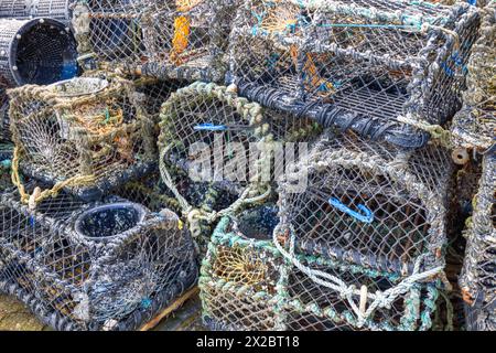 Hummertöpfe, Moelfre Beach, Moelfre, Anglesey, Nordwales Stockfoto