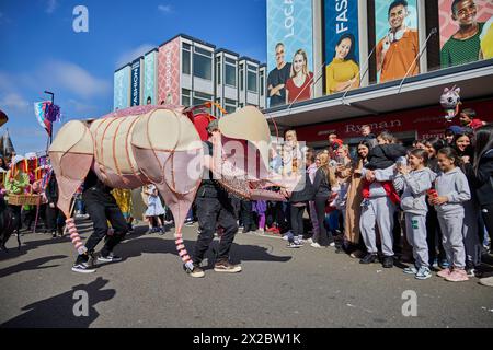 UK. April 2024. Longton Carnival & Pig Walk Parade. Der Longton Pig Walk dreht sich um John Aynsley, der 1886 Bürgermeister von Longton war und half, Spenden für Queen's Park und ein Cottage Hospital zu sammeln. Die Geschichte besagt, dass Aynsley vom Vermieter des Trentham Hotels ein Schwein angeboten wurde, unter der Bedingung, dass er es selbst zum Longton Market fuhr; er vollendete die Leistung und sammelte eine beträchtliche Summe Geld. Jetzt in seinem zweiten Jahr, eine fantastische Veranstaltung, die Longton unterstützt und von seinen Einwohnern genossen wird! Quelle: Phil Crow/Alamy Live News Stockfoto