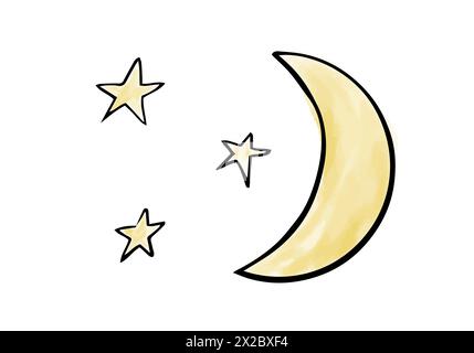 Mond und Sterne. Aquarellkritzelelement. Vektorabbildung. Stock Vektor