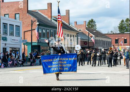 Patriots' Day in Concord, zum Gedenken an die ersten Schlachten des Amerikanischen Unabhängigkeitskrieges. Stockfoto