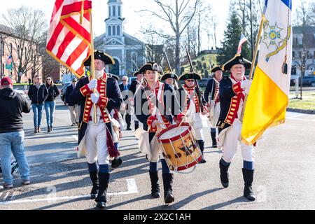 Patriots' Day in Concord, zum Gedenken an die ersten Schlachten des Amerikanischen Unabhängigkeitskrieges. Stockfoto