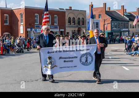 Patriots' Day in Concord, zum Gedenken an die ersten Schlachten des Amerikanischen Unabhängigkeitskrieges. Stockfoto