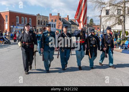 Patriots' Day in Concord, zum Gedenken an die ersten Schlachten des Amerikanischen Unabhängigkeitskrieges. Stockfoto